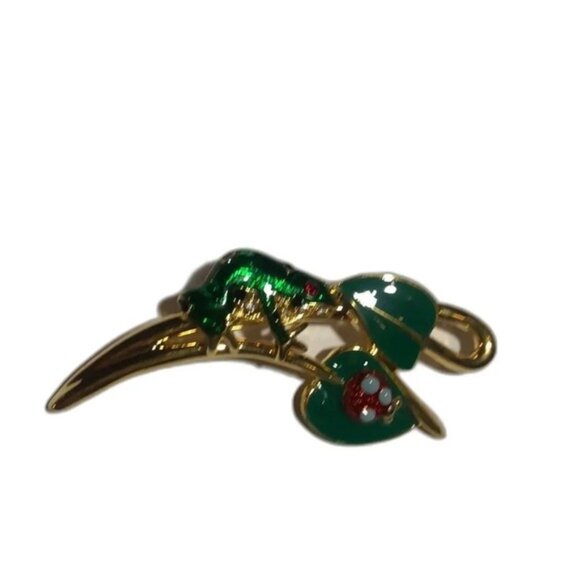 Vintage Gold Tone Green Enamel Bug Insect Ladybug Leaves Brooch Pin - Picture 1 of 5